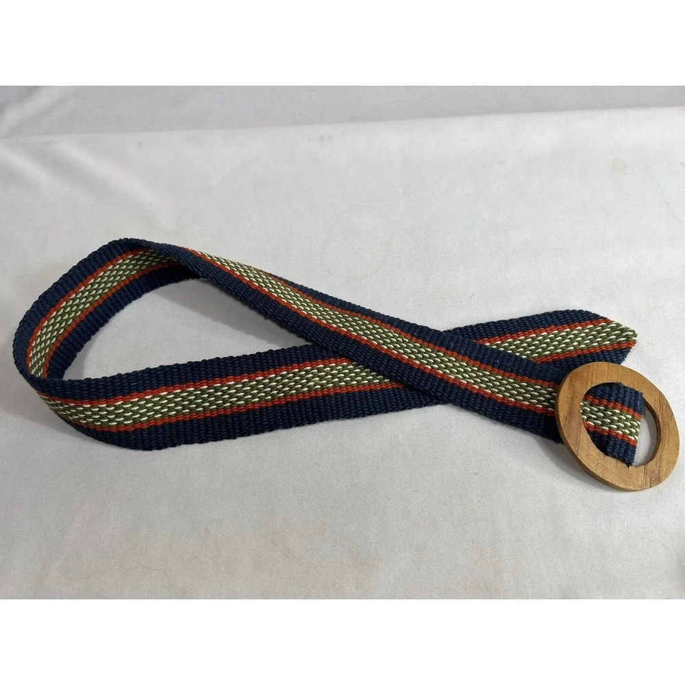 Vintage Wide Canvas Belt Women's Petite Woven Blue Green Red Wooden Buckle‎
